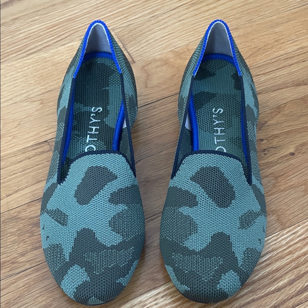 Rothy's Green Camouflage Slip-Ons with Blue and Red Accents